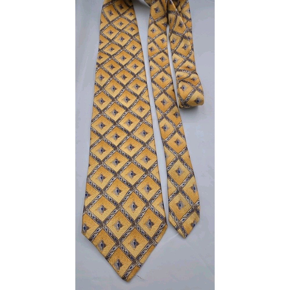 Necktie Yellow Light Blues Tan 100% Silk Argyle Window Pane Men's Geoffrey Beene